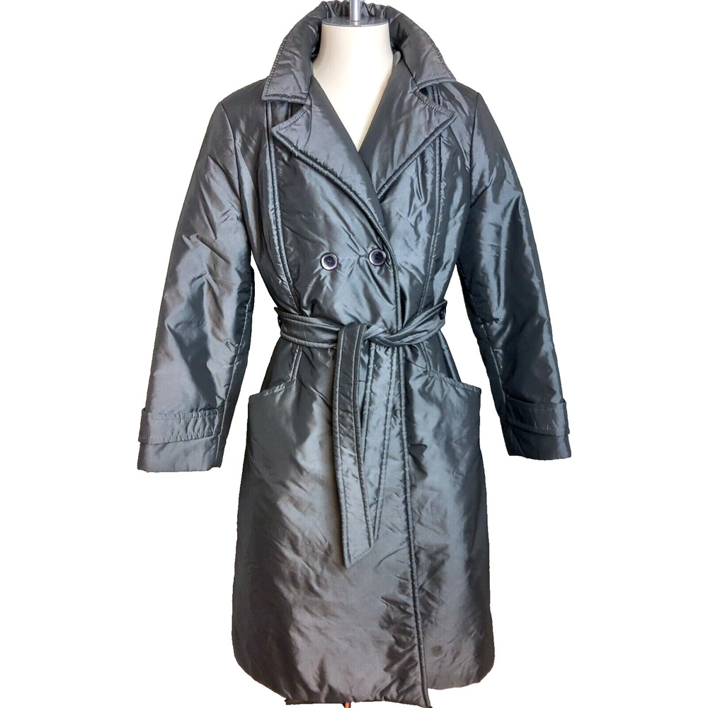 Vtg Forecaster Of BOSTON Sz 9/10 silver Metalic Puffy Long Coat Trench Belted